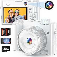 4K Digital Camera, 64MP Front and Rear Camera for Photography and Video Autofocus Anti-Shake, 3'' Selfie Vlogging Camera with Ultra Bright Flash, Camera with Dial 16X Zoom (White)