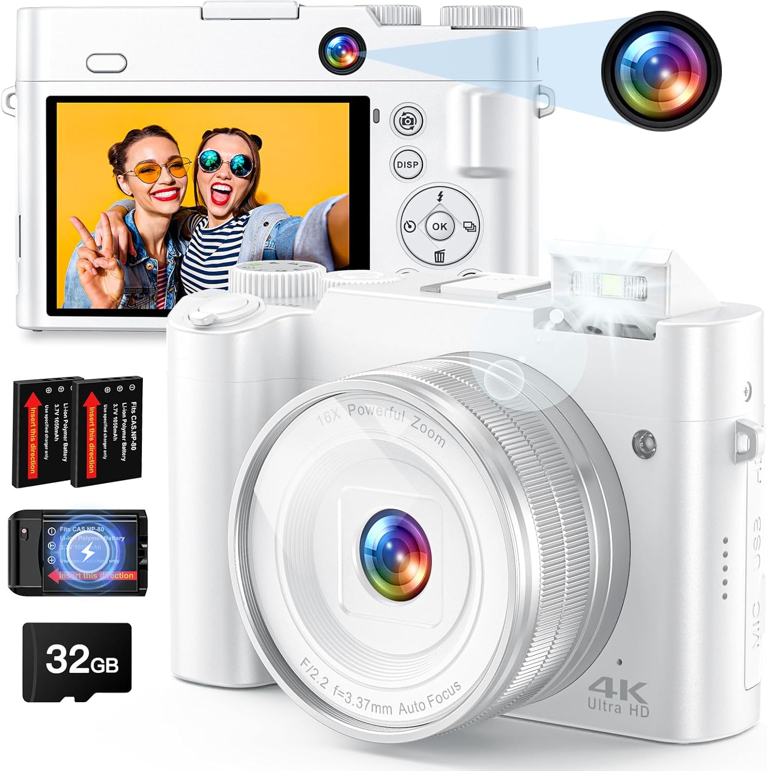 4K Digital Camera, 64MP Front and Rear Camera for Photography and Video Autofocus Anti-Shake, 3'' Selfie Vlogging Camera with Ultra Bright Flash, Camera with Dial 16X Zoom (White)-0