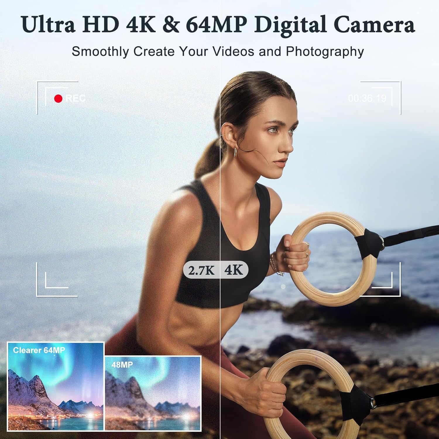 4K Digital Camera, 64MP Front and Rear Camera for Photography and Video Autofocus Anti-Shake, 3'' Selfie Vlogging Camera with Ultra Bright Flash, Camera with Dial 16X Zoom (White)-1