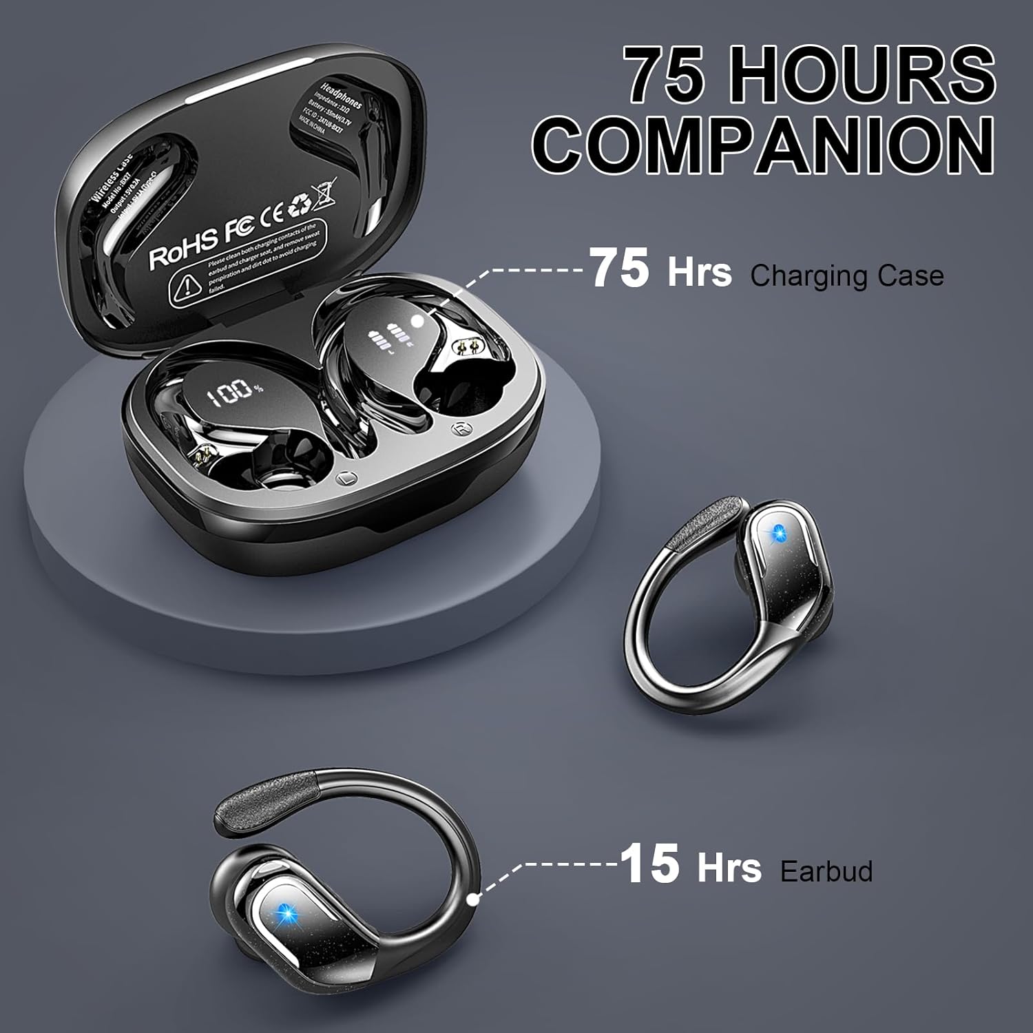 Wireless Earbuds Sport, Bluetooth 5.4 Headphones 2024 Bluetooth Earbuds with 75Hrs Stereo, 4 ENC Mic, Over-Ear Buds with Earhooks Noise Canceling Earphones , IP7 Waterproof Headset for Workout/Running-2