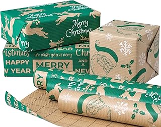 RUSPEPA Christmas Kraft Wrapping Paper Roll - Mini Roll - 17 inches x 10 feet per Roll, Total of 3 Rolls - Santa Claus, Reindeer and Text