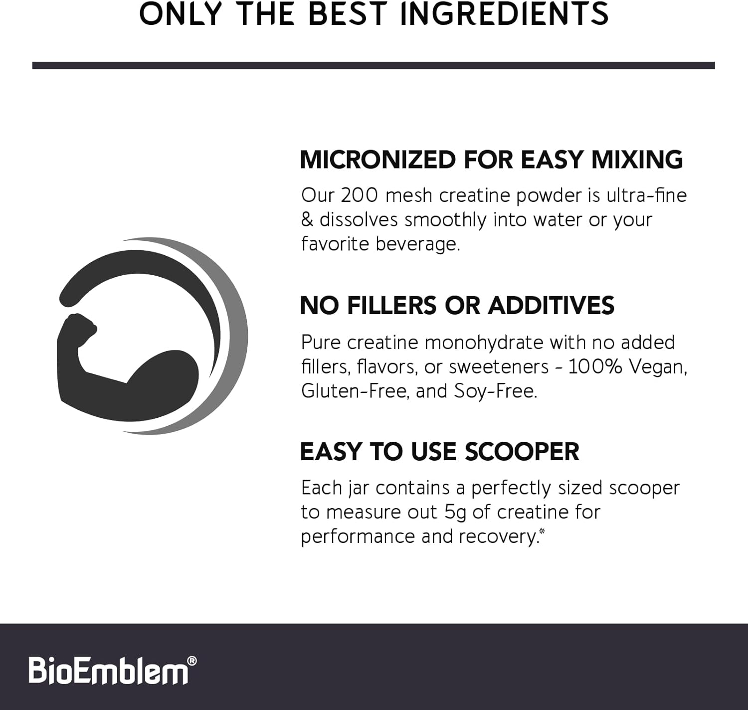 BioEmblem Creatine Monohydrate Powder - Unflavored Micronized Creatine Easily Mixes - Muscle Strength, Workout Recovery, Exercise Performance - 300g Creatine Supplement - Non-GMO, Vegan- 60 Servings-1