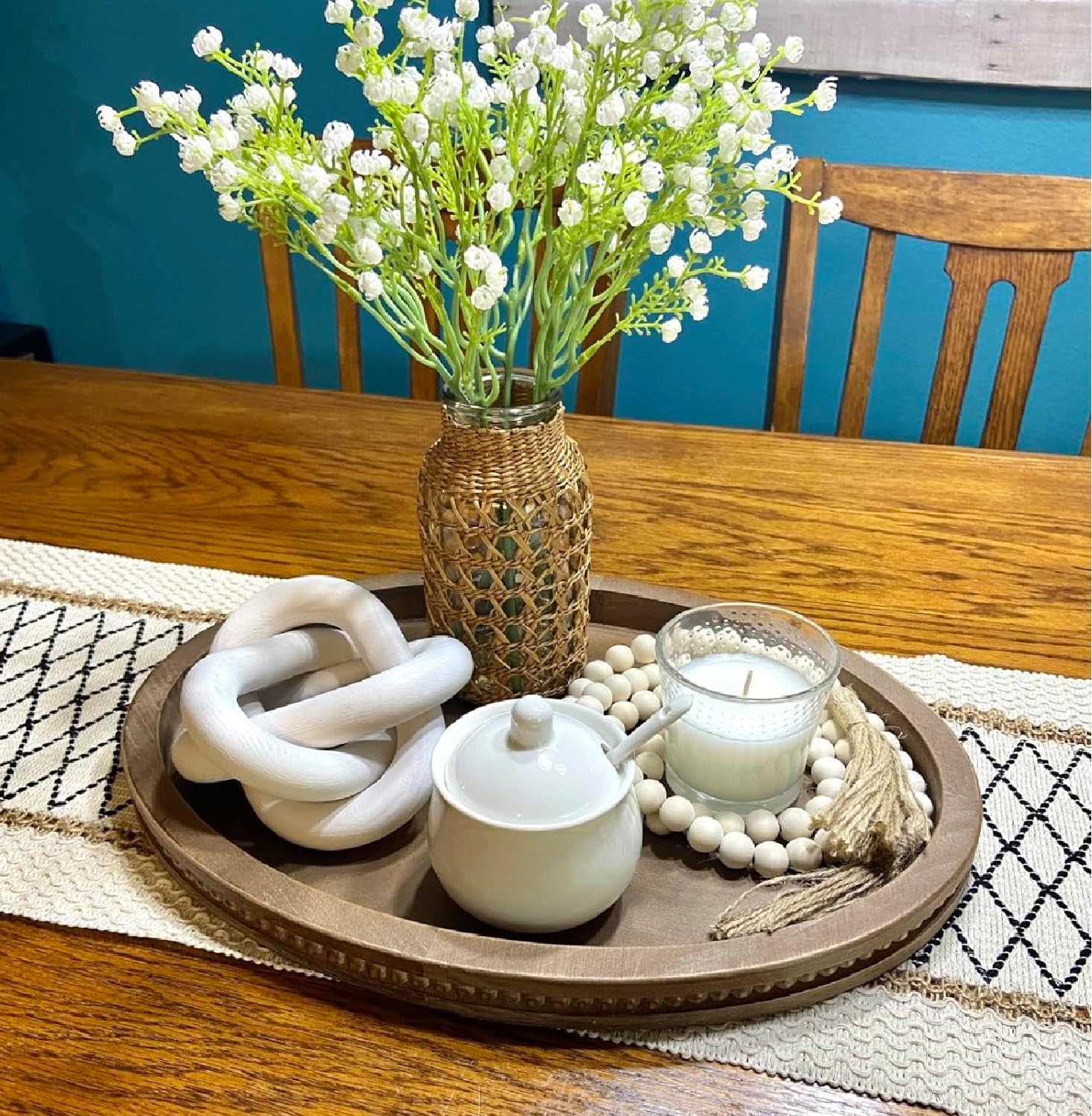 Round Wood Beaded Decorative Tray - 12in Round Tray for Home Decor, Kitchen Table Decor, Coffee Table Decor, Farmhouse Serving Tray with 3 Wooden Feet for Stability-5