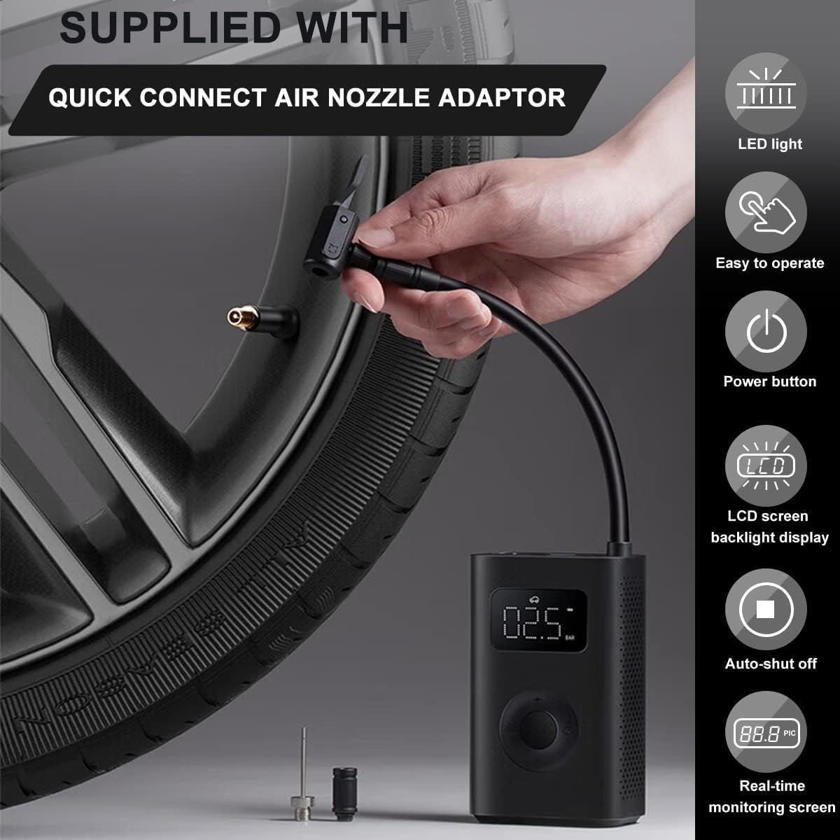 Xiaomi Portable Electric Air Compressor, 150 PSI Tire Inflator for Car, Scooter, Bike Tires and Balls - Cordless with Digital Pressure Detection-5