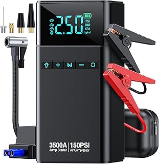 Portable Car Jump Starter with Air Compressor, 3500A 150PSI Car Battery Jump Starter Battery Pack (All Gas/10L Diesel), 12V Car Jump Box Car Battery Jumper Starter, Large LCD Display, 2 Lights