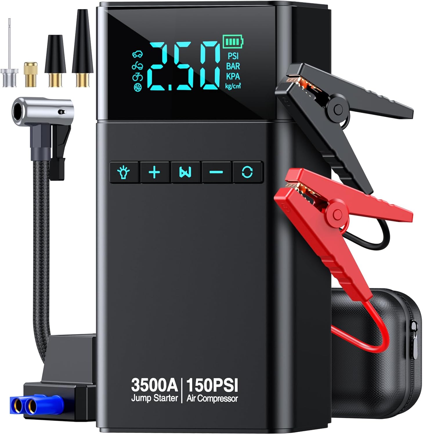 Portable Car Jump Starter with Air Compressor, 3500A 150PSI Car Battery Jump Starter Battery Pack (All Gas/10L Diesel), 12V Car Jump Box Car Battery Jumper Starter, Large LCD Display, 2 Lights-0