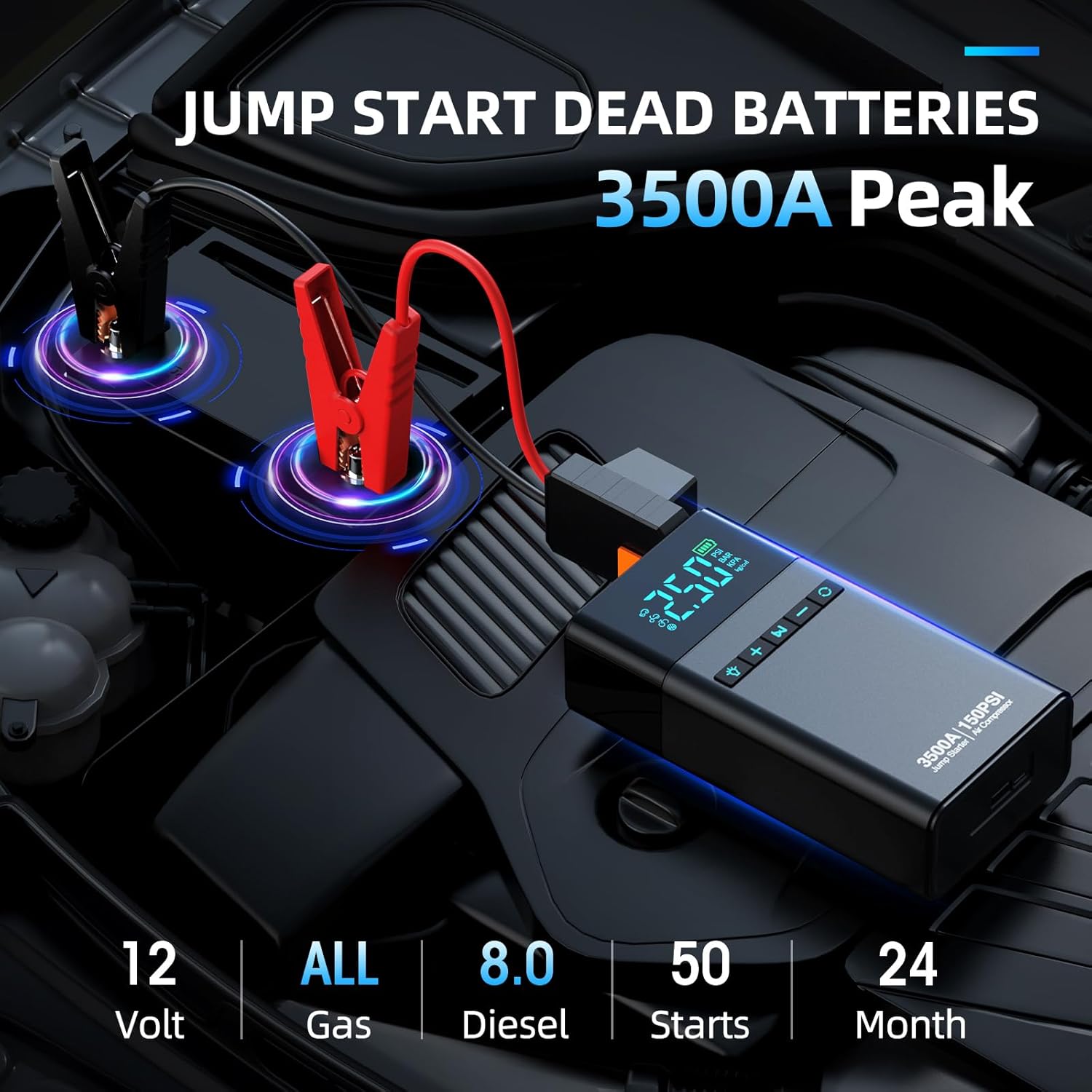 Portable Car Jump Starter with Air Compressor, 3500A 150PSI Car Battery Jump Starter Battery Pack (All Gas/10L Diesel), 12V Car Jump Box Car Battery Jumper Starter, Large LCD Display, 2 Lights-1