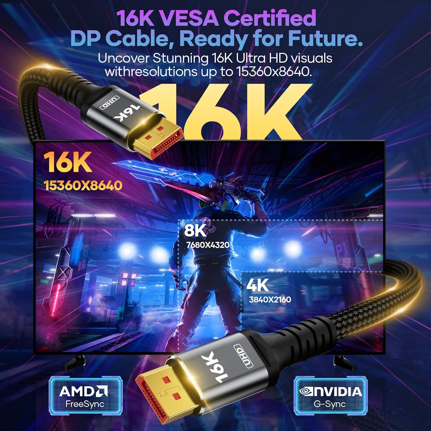 16K Displayport Cable 2.1, [VESA Certified] DP 2.1 Cable 6.6FT-2M, 16K@60Hz, 8K@120Hz, 4K@240Hz 165Hz 144Hz, Support 80Gbps HDR, HDCP DSC 1.2a, Compatible FreeSync G-Sync Gaming Monitor 4090 7900xtx-1