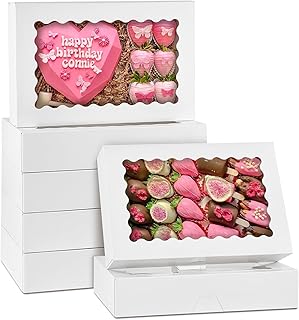 30 Pack Cookie Boxes with Window, 12.5" x 8" x 2.5" White Auto Pop-up Bakery Boxes Treat Boxes for Chocolate Covered Strawberries, Sugar Cookies, Cake Pops, Donuts, Cocoa Bombs, Pastries