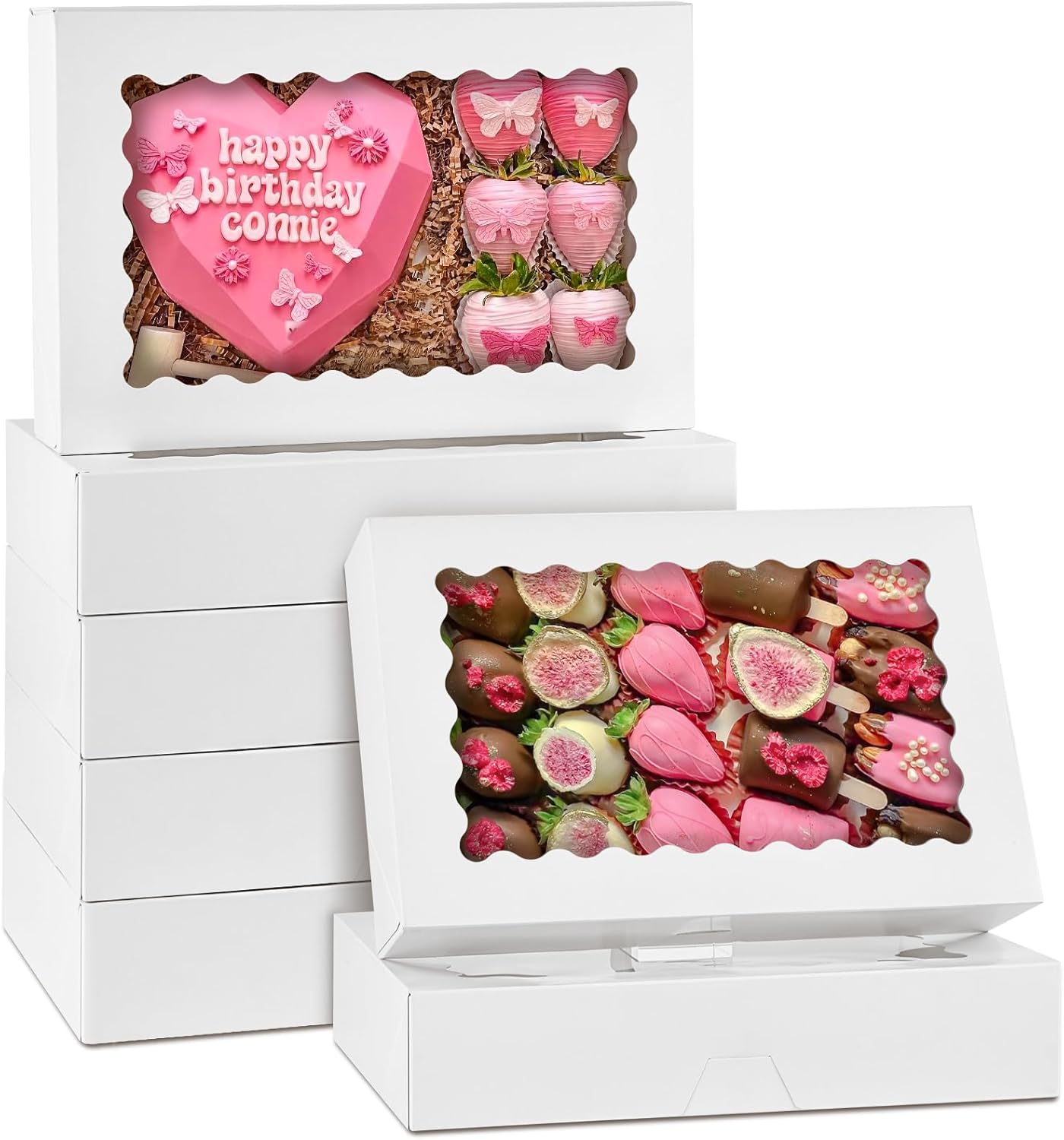 30 Pack Cookie Boxes with Window, 12.5" x 8" x 2.5" White Auto Pop-up Bakery Boxes Treat Boxes for Chocolate Covered Strawberries, Sugar Cookies, Cake Pops, Donuts, Cocoa Bombs, Pastries-0