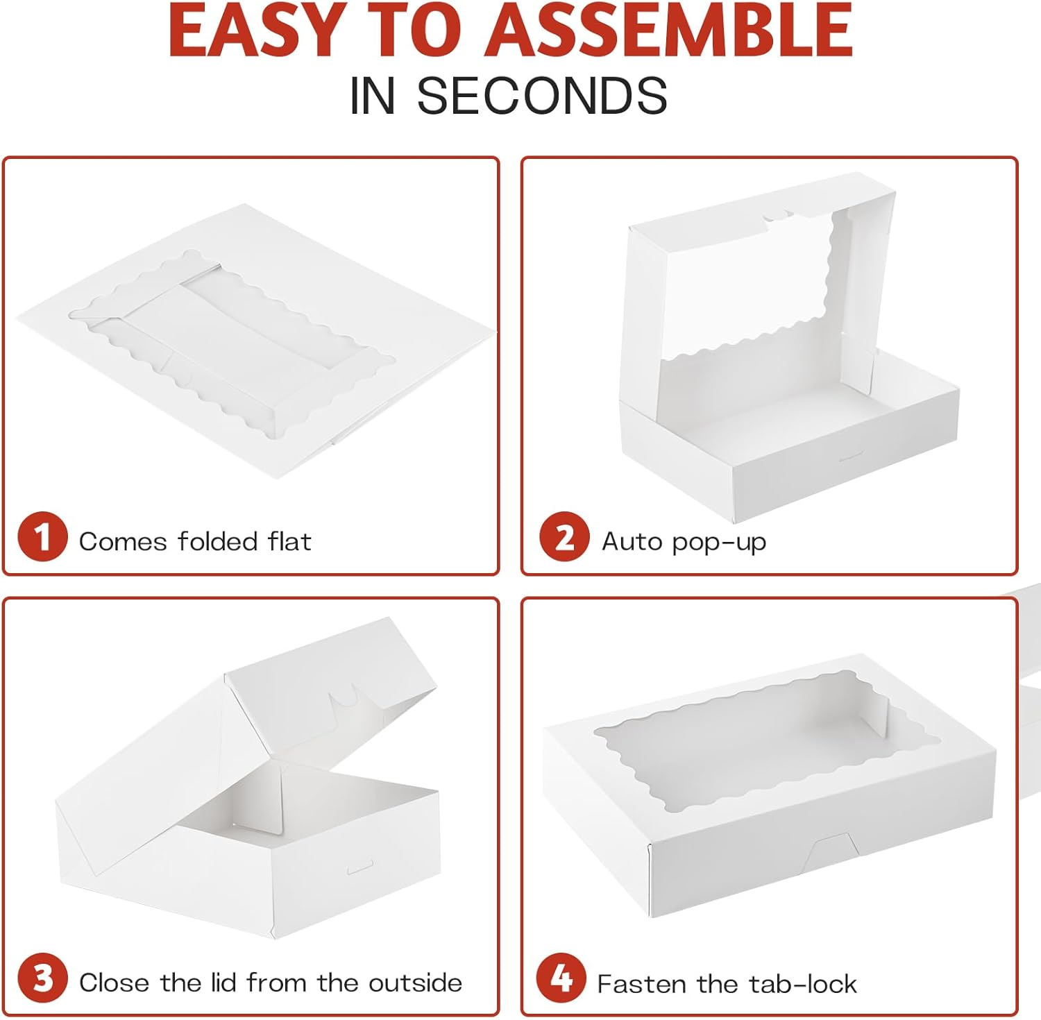 30 Pack Cookie Boxes with Window, 12.5" x 8" x 2.5" White Auto Pop-up Bakery Boxes Treat Boxes for Chocolate Covered Strawberries, Sugar Cookies, Cake Pops, Donuts, Cocoa Bombs, Pastries-7