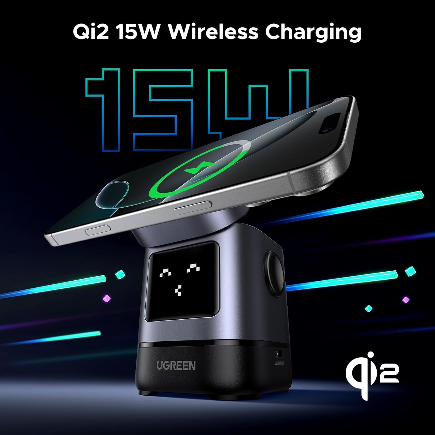 UGREEN Uno Qi2 Certified 15W Wireless Charger Stand, 2-in-1 Foldable Charging Station Compatible with iPhone 16/15/14/13/12 Series, AirPods 2/3/Pro (No AC Adapter)-1