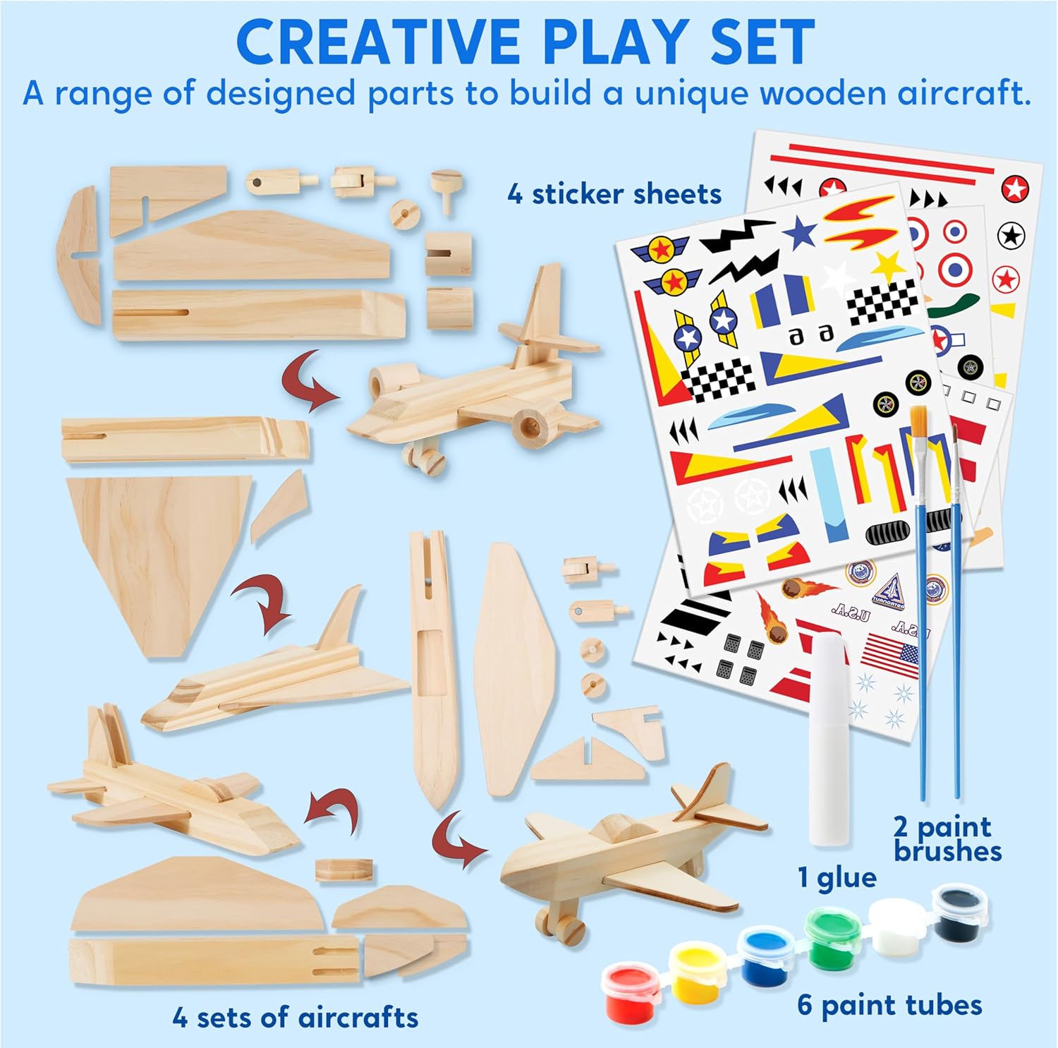 Klever Kits 4 DIY Wooden Aircrafts-Build & Paint Your Own Wooden Airplane Craft Kit, Art & Craft Kit DIY Projects, Easy to Assemble Birthday Gifts for Boys 6-12 Year Old-1