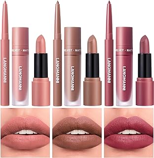 LANGMANNI 3 in 1 Matte Velvet Lipstick Set-Lip Liner,Lip Gloss and Lipstick Combo,Perfect for Natural Lip Contour,Waterproof And Longlasting Effect Lip Makeup,Unique Festival Gift (#01+03+05)