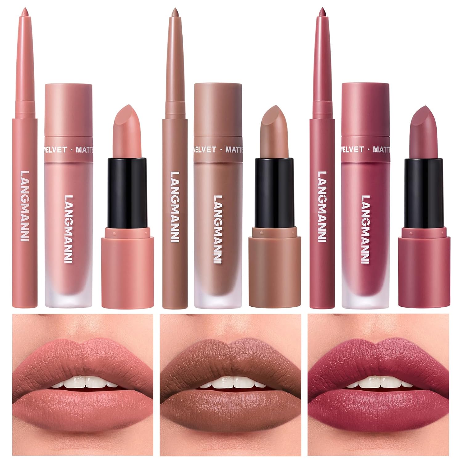 LANGMANNI 3 in 1 Matte Velvet Lipstick Set-Lip Liner,Lip Gloss and Lipstick Combo,Perfect for Natural Lip Contour,Waterproof And Longlasting Effect Lip Makeup,Unique Festival Gift (#01+03+05)-0