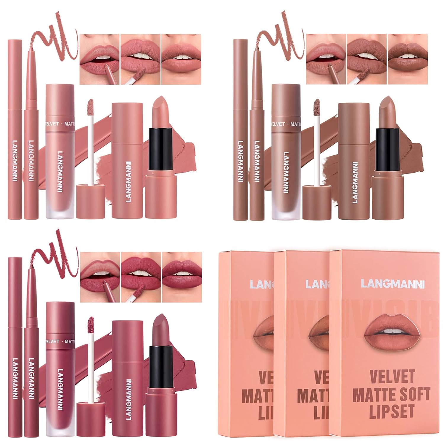 LANGMANNI 3 in 1 Matte Velvet Lipstick Set-Lip Liner,Lip Gloss and Lipstick Combo,Perfect for Natural Lip Contour,Waterproof And Longlasting Effect Lip Makeup,Unique Festival Gift (#01+03+05)-1