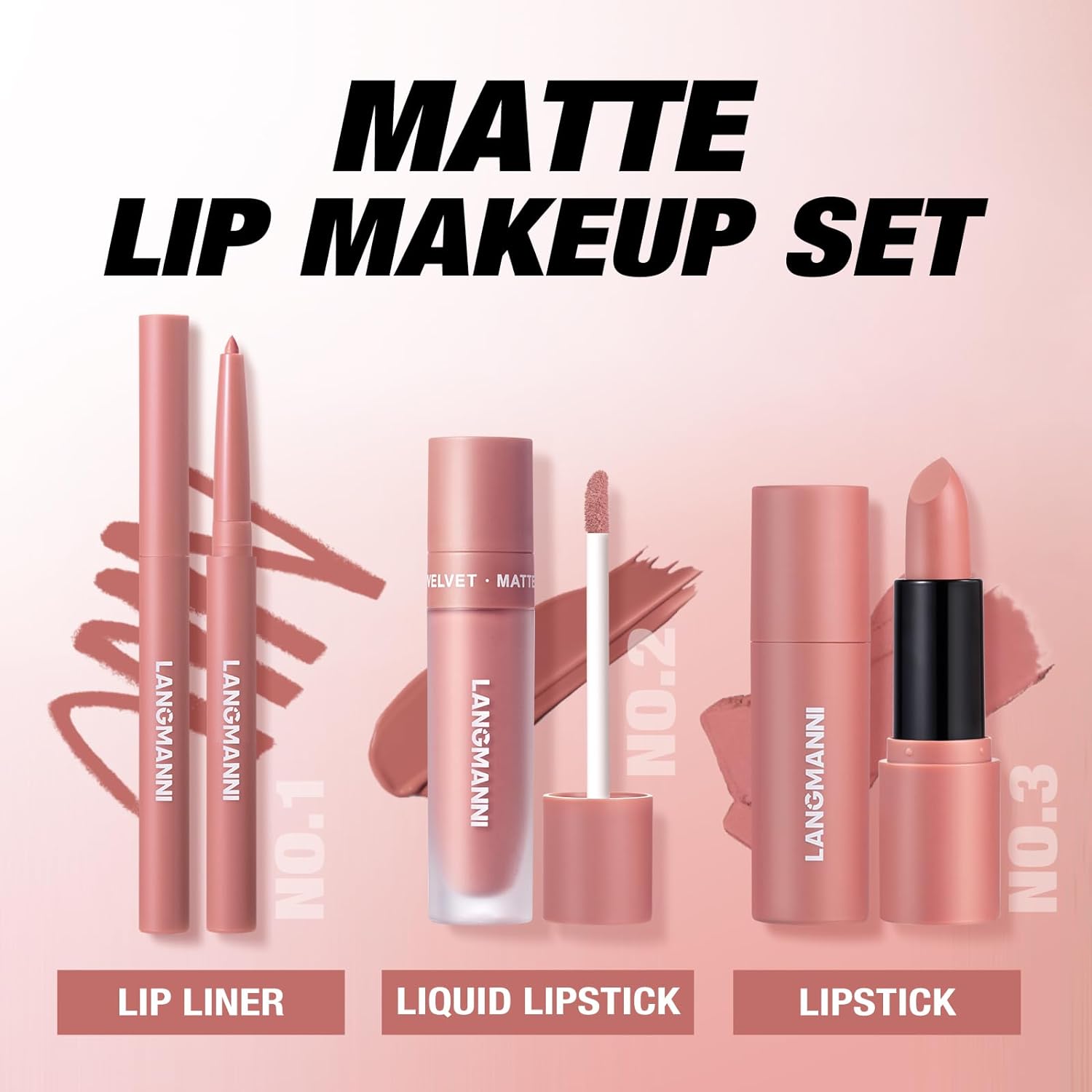 LANGMANNI 3 in 1 Matte Velvet Lipstick Set-Lip Liner,Lip Gloss and Lipstick Combo,Perfect for Natural Lip Contour,Waterproof And Longlasting Effect Lip Makeup,Unique Festival Gift (#01+03+05)-2