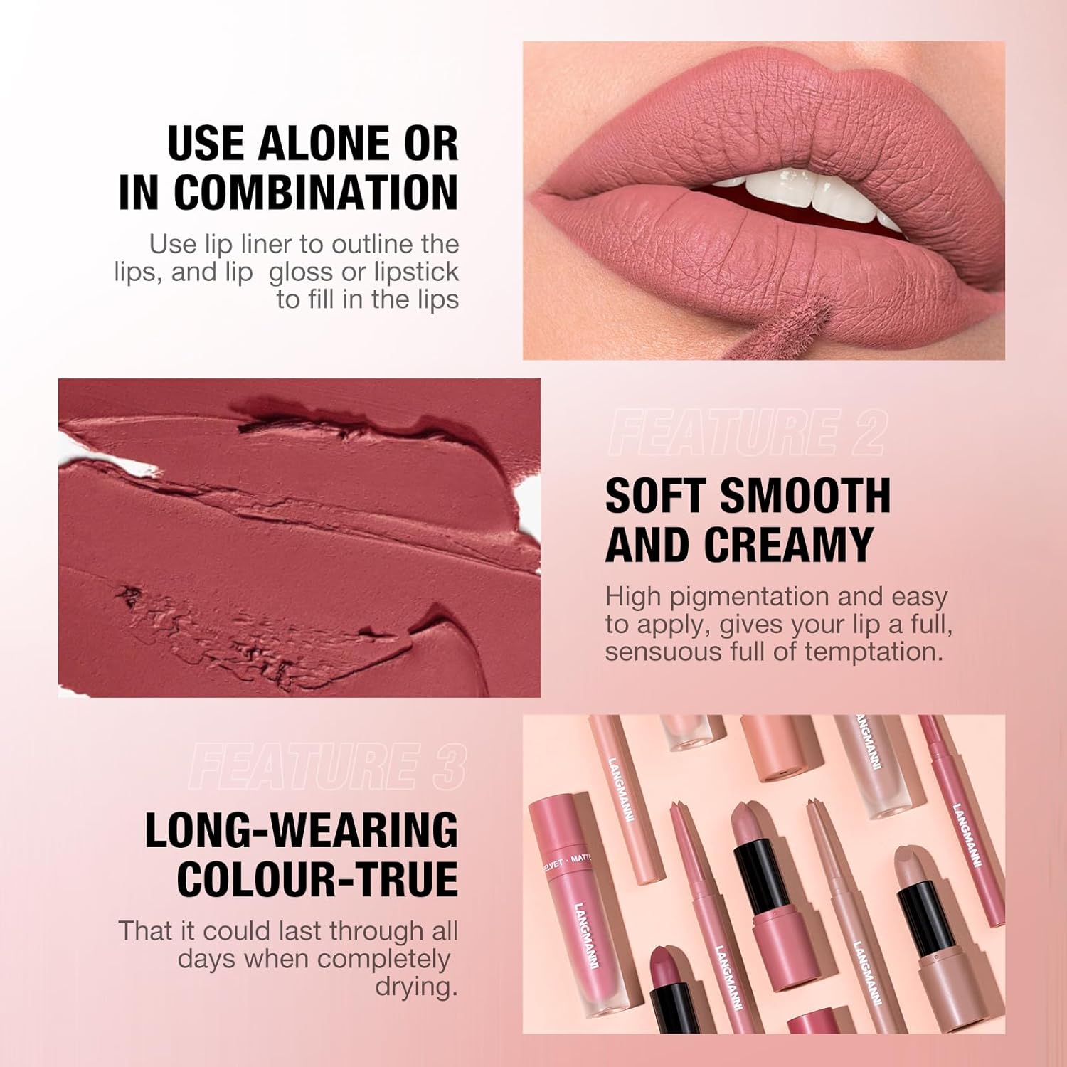 LANGMANNI 3 in 1 Matte Velvet Lipstick Set-Lip Liner,Lip Gloss and Lipstick Combo,Perfect for Natural Lip Contour,Waterproof And Longlasting Effect Lip Makeup,Unique Festival Gift (#01+03+05)-3