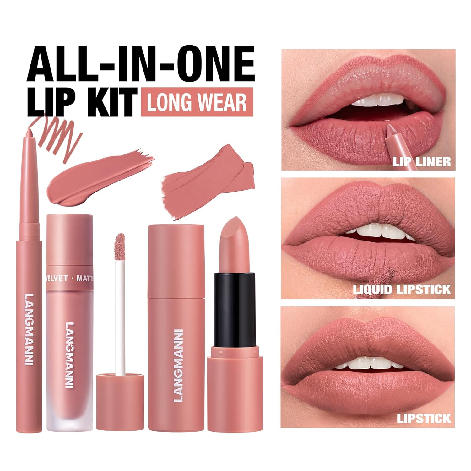 LANGMANNI 3 in 1 Matte Velvet Lipstick Set-Lip Liner,Lip Gloss and Lipstick Combo,Perfect for Natural Lip Contour,Waterproof And Longlasting Effect Lip Makeup,Unique Festival Gift (#01+03+05)-4