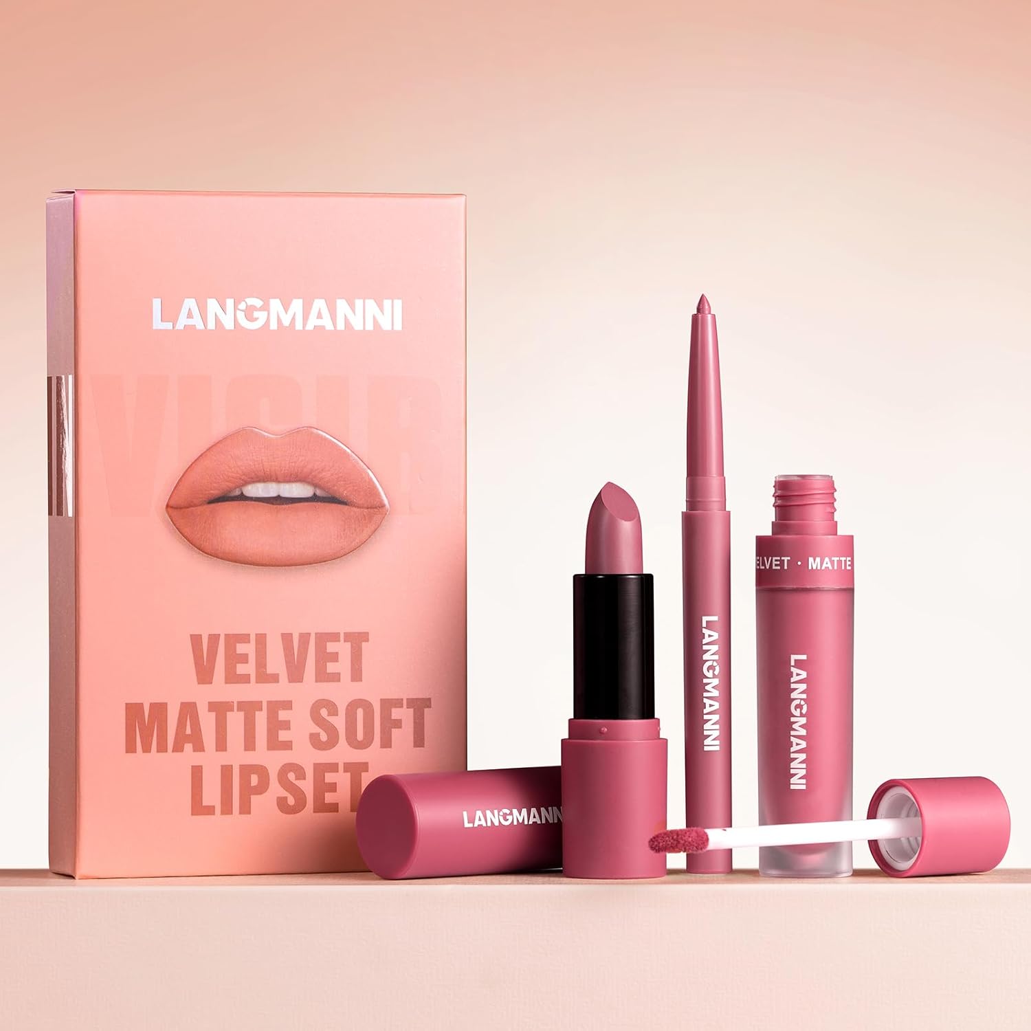 LANGMANNI 3 in 1 Matte Velvet Lipstick Set-Lip Liner,Lip Gloss and Lipstick Combo,Perfect for Natural Lip Contour,Waterproof And Longlasting Effect Lip Makeup,Unique Festival Gift (#01+03+05)-5