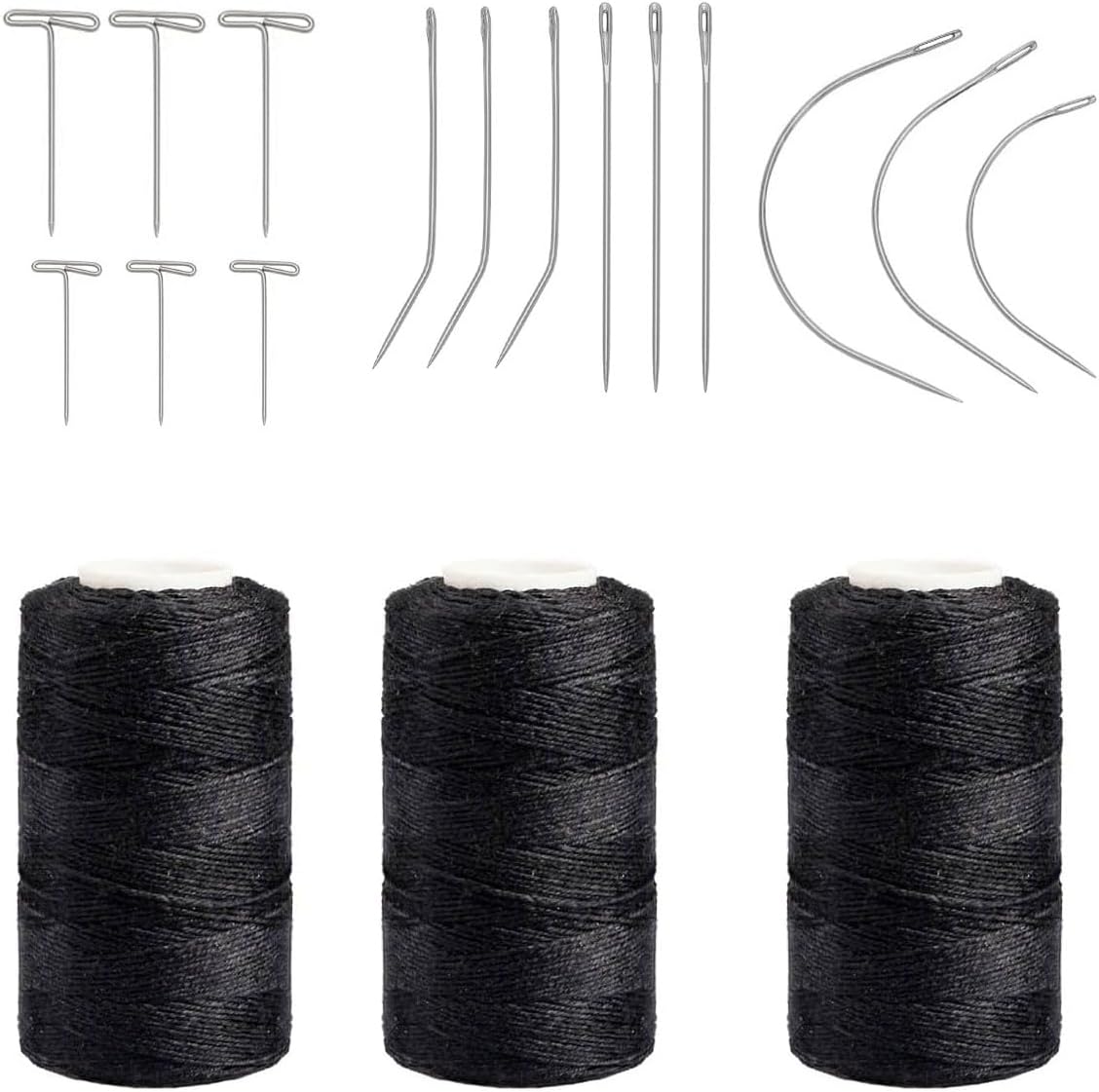 Kyzistn Needle and Thread for Hair Extensions 3 Rolls Hair Weave Sewing Threads with 21Pcs C J I Shape Curved Upholstery Needles for Hand Sewing, Hair Extensions (27Pcs）-0