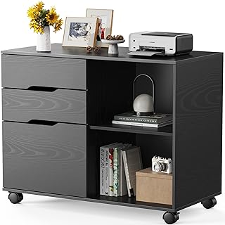 Sweetcrispy 3-Drawer File Cabinet, Lateral Mobile Filing Cabinet Wood Storage Organizer with Wheels, Printer Stand & Open Shelves for Home Office Under Desk Organization - Black