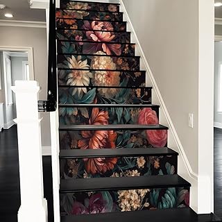 REDAMANCY Vintage Colorful Peony Flower Abstract Art Dark Black Floral Peel and Stick Vinyl Stair Riser Decals Staircase Tile Stickers Decor Modern Marble Decoration Self-Adhesive(14 Pcs)