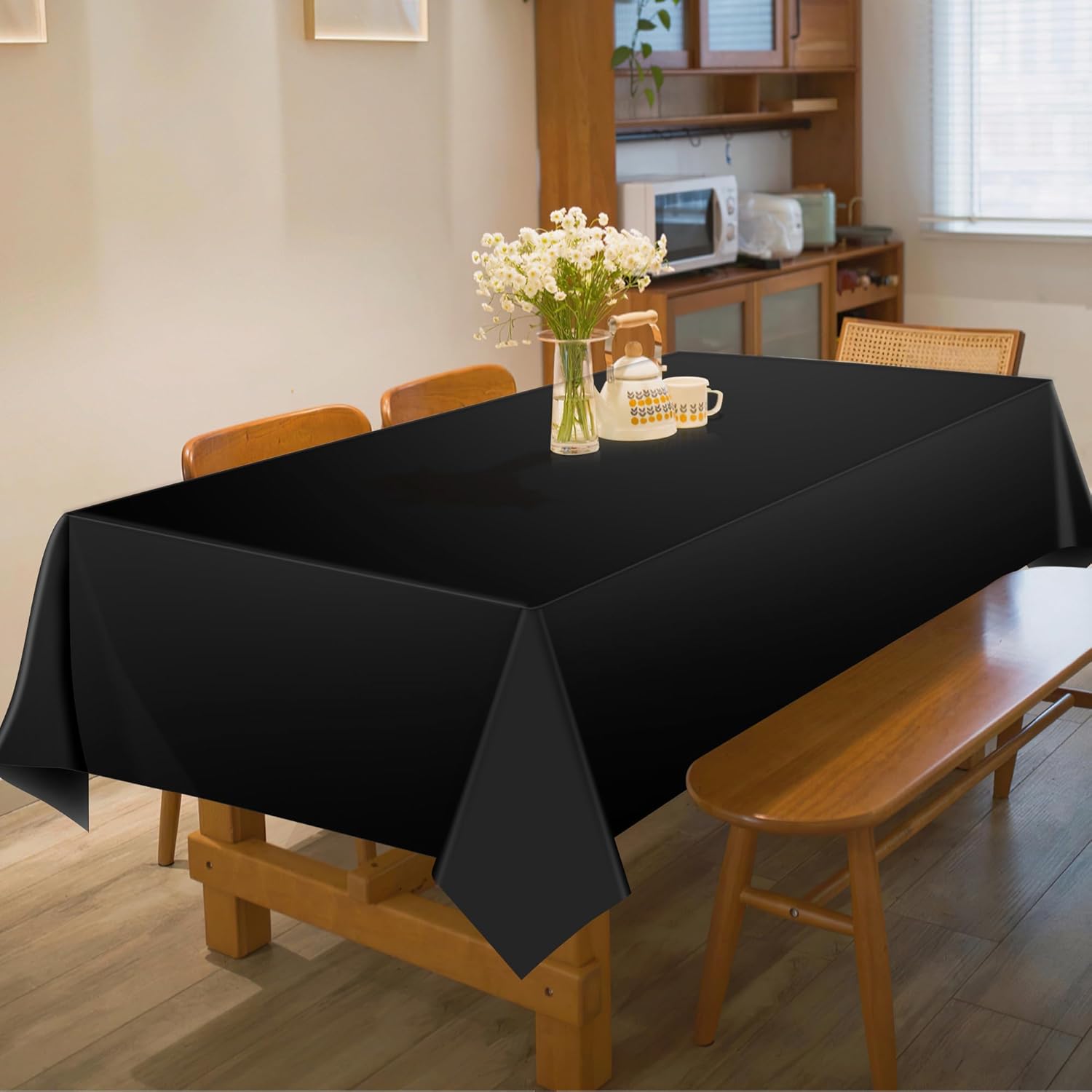 OHOME 4 Pack Plastic Table Cloth Disposable - Black Tablecloths - Black Plastic Tablecloth for 6 to 8 FT Rectangle Table - Black Birthday Decorations,Death to My 20s Decorations| Halloween Decorations-4