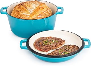 Enamelled Cast Iron Dutch Oven Casserole Pot - Cast Iron Skillet Lid – 2 in 1 Cooking Cookware Pan Set – Dutch Oven Pot with Lid – Blue, 5 Quarts, 26cm – by Nuovva