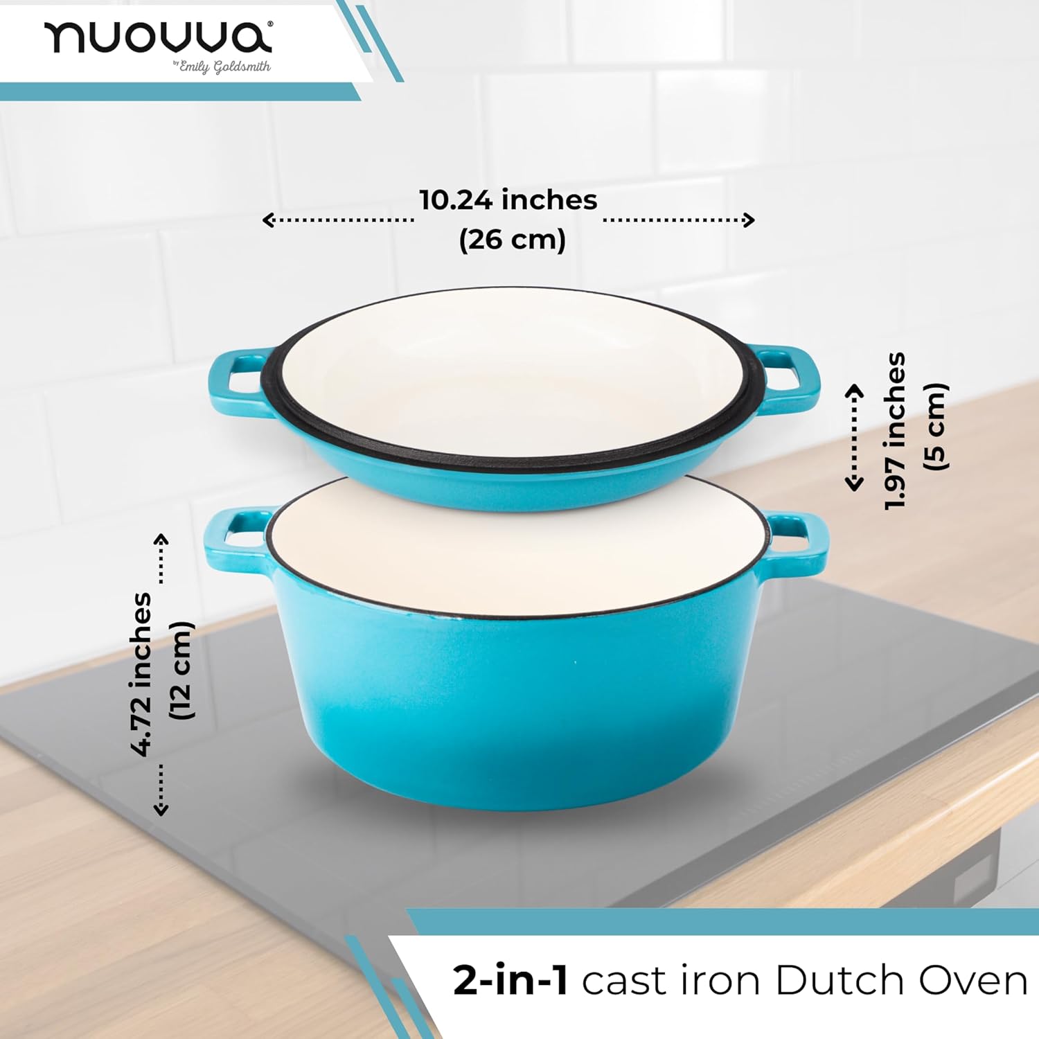 Enamelled Cast Iron Dutch Oven Casserole Pot - Cast Iron Skillet Lid – 2 in 1 Cooking Cookware Pan Set – Dutch Oven Pot with Lid – Blue, 5 Quarts, 26cm – by Nuovva-1