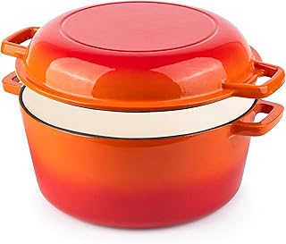 Enamelled Cast Iron Dutch Oven Casserole Pot - Cast Iron Skillet Lid – 2 in 1 Cooking Cookware Pan Set – Dutch Oven Pot with Lid – Orange, 5 Quarts, 26cm – by Nuovva