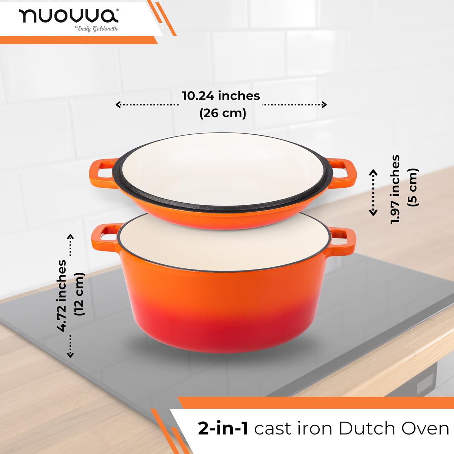 Enamelled Cast Iron Dutch Oven Casserole Pot - Cast Iron Skillet Lid – 2 in 1 Cooking Cookware Pan Set – Dutch Oven Pot with Lid – Orange, 5 Quarts, 26cm – by Nuovva-1