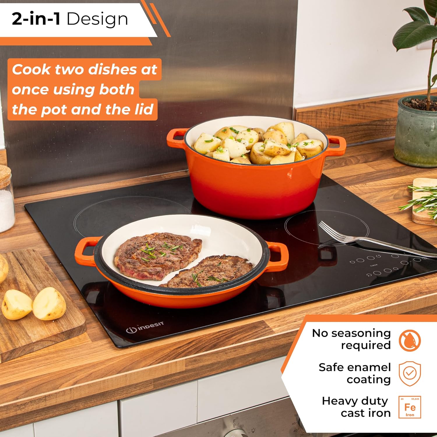 Enamelled Cast Iron Dutch Oven Casserole Pot - Cast Iron Skillet Lid – 2 in 1 Cooking Cookware Pan Set – Dutch Oven Pot with Lid – Orange, 5 Quarts, 26cm – by Nuovva-3