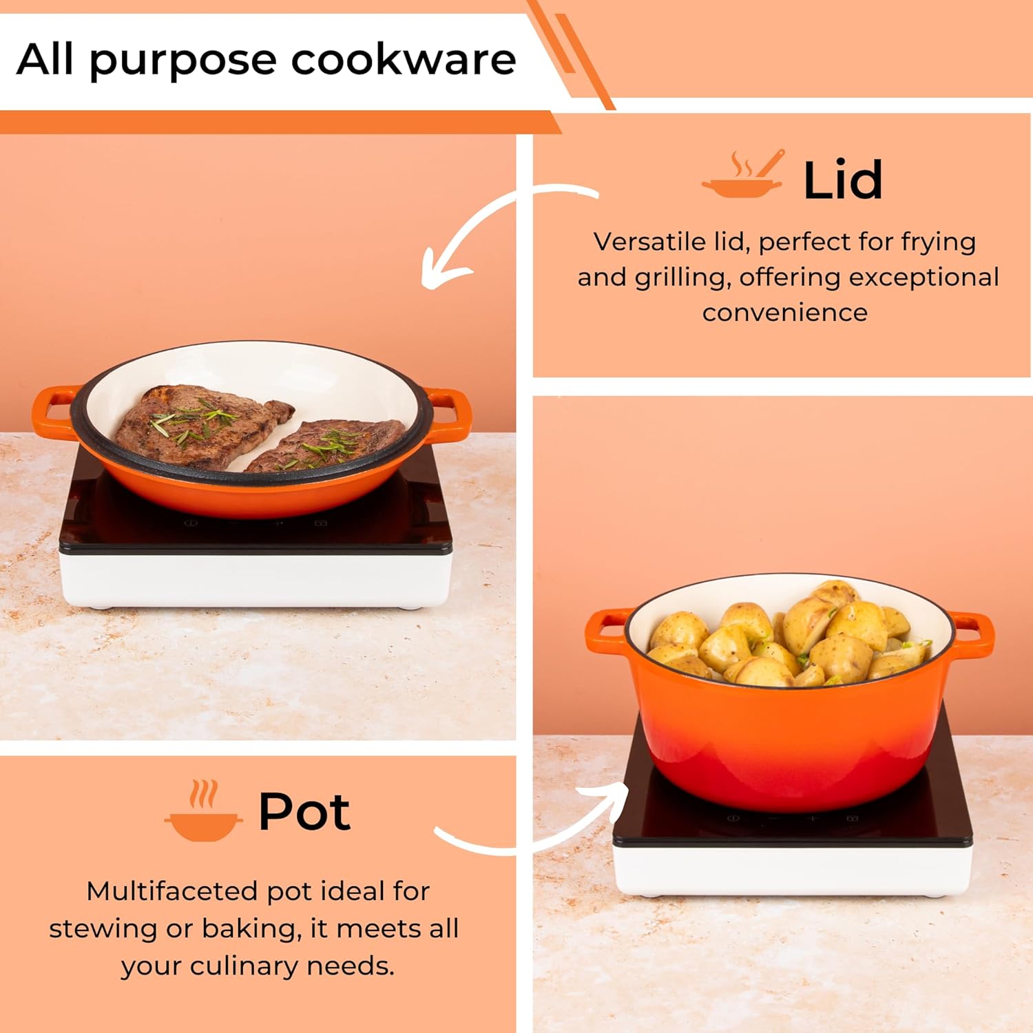 Enamelled Cast Iron Dutch Oven Casserole Pot - Cast Iron Skillet Lid – 2 in 1 Cooking Cookware Pan Set – Dutch Oven Pot with Lid – Orange, 5 Quarts, 26cm – by Nuovva-4