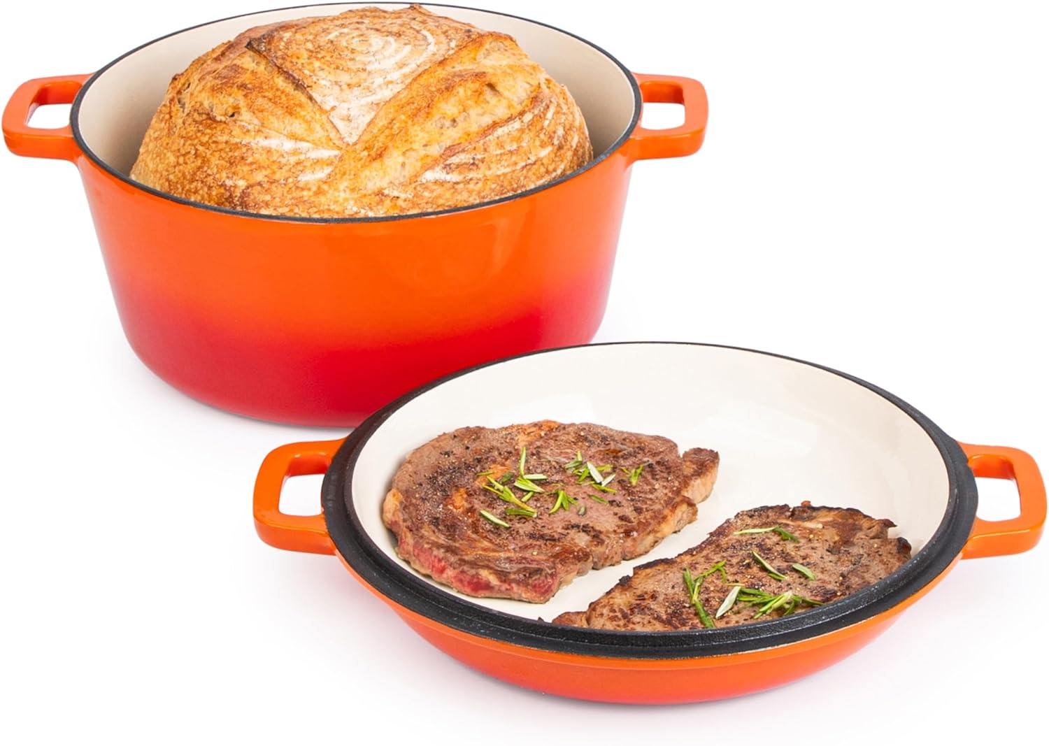 Enamelled Cast Iron Dutch Oven Casserole Pot - Cast Iron Skillet Lid – 2 in 1 Cooking Cookware Pan Set – Dutch Oven Pot with Lid – Orange, 5 Quarts, 26cm – by Nuovva-6