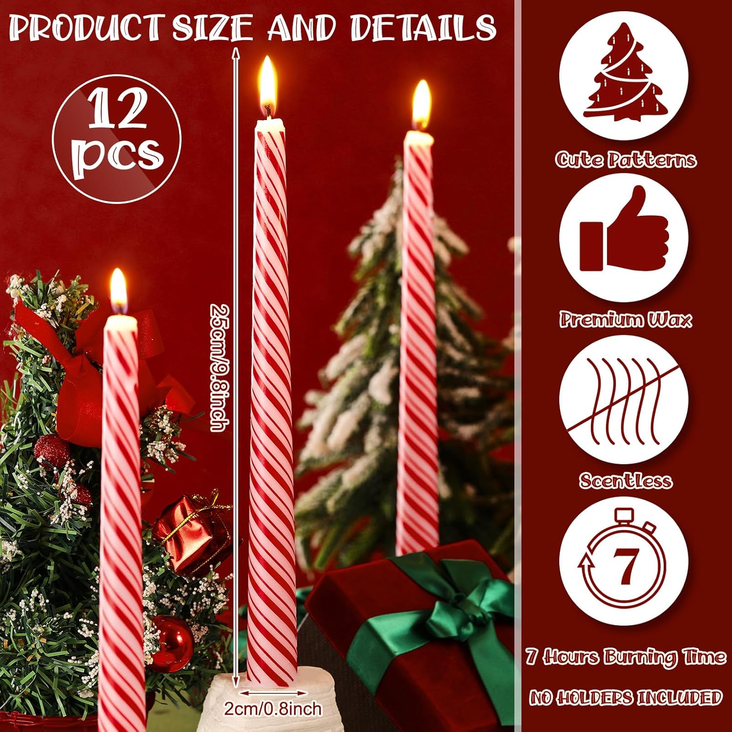 12 Pcs Christmas Taper Candles 10 Inch Tall Red and White Stripes Candles Long Burning Candles Christmas Decoration Christmas Candle for Christmas Dinner Xmas Party Table Decoration-1