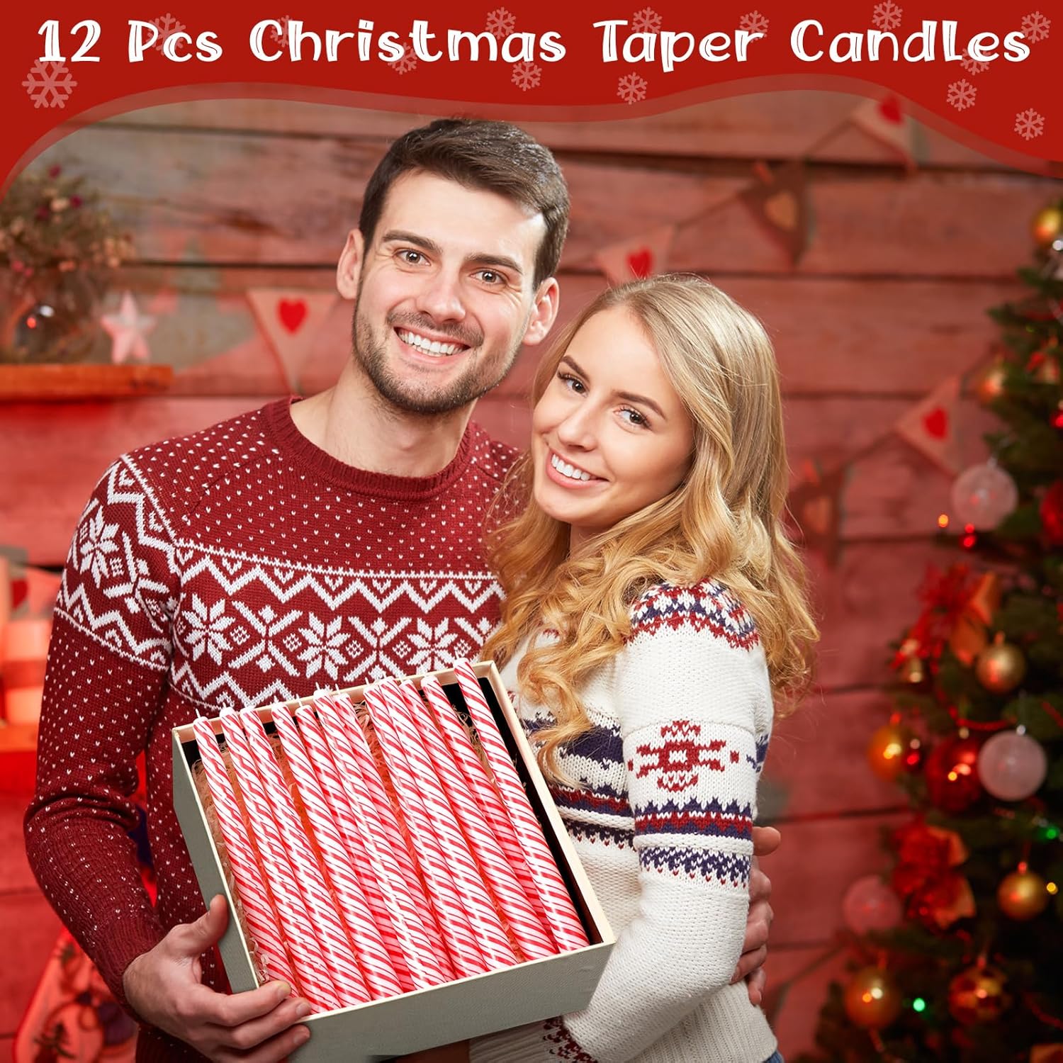 12 Pcs Christmas Taper Candles 10 Inch Tall Red and White Stripes Candles Long Burning Candles Christmas Decoration Christmas Candle for Christmas Dinner Xmas Party Table Decoration-3