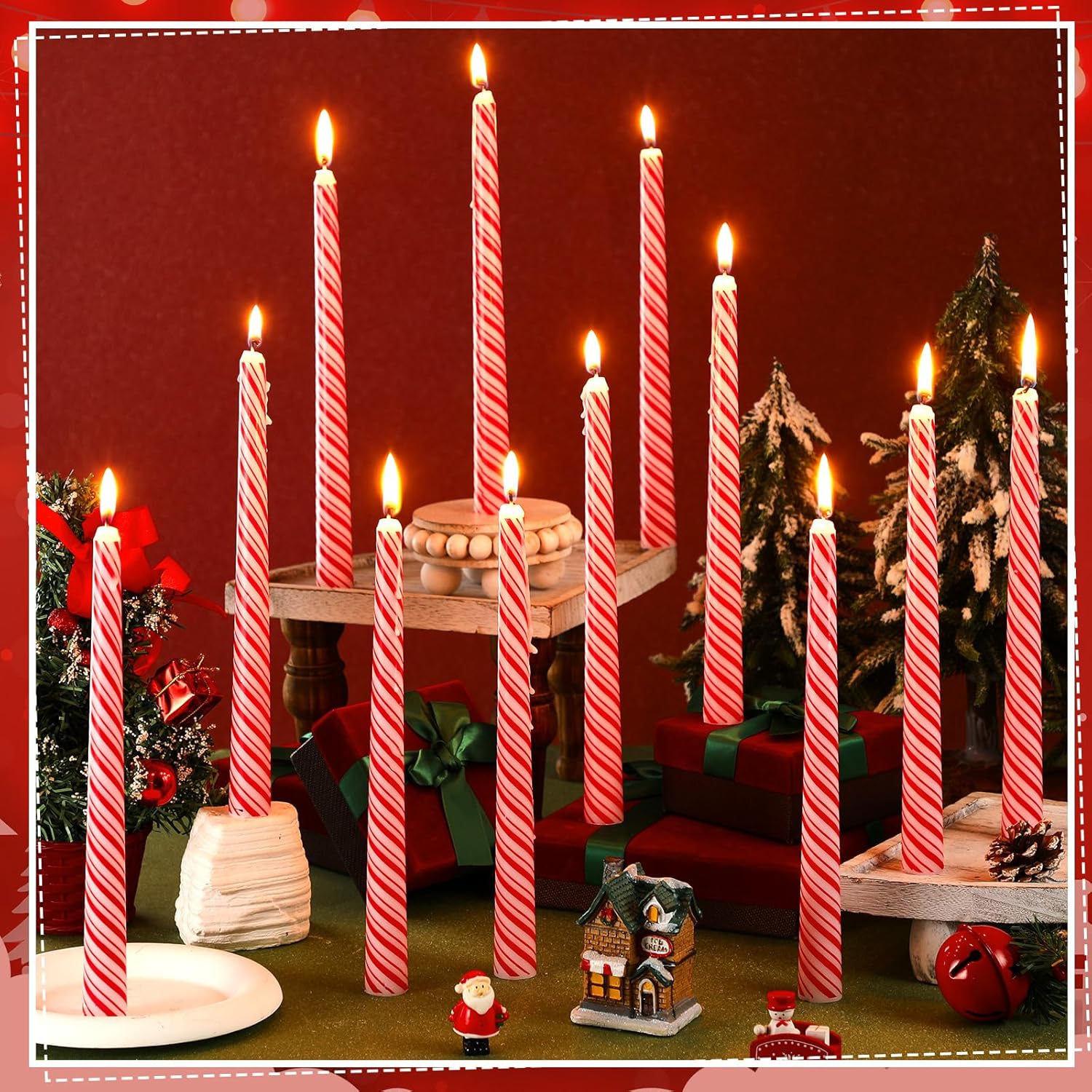 12 Pcs Christmas Taper Candles 10 Inch Tall Red and White Stripes Candles Long Burning Candles Christmas Decoration Christmas Candle for Christmas Dinner Xmas Party Table Decoration-5