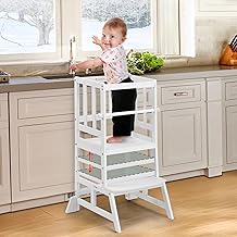 COSYLAND Toddler Standing Tower Adjustable Height - Toddler Kitchen Stool Helper - Kids Kitchen Step Stool for Learning with Removable Safety Railing White