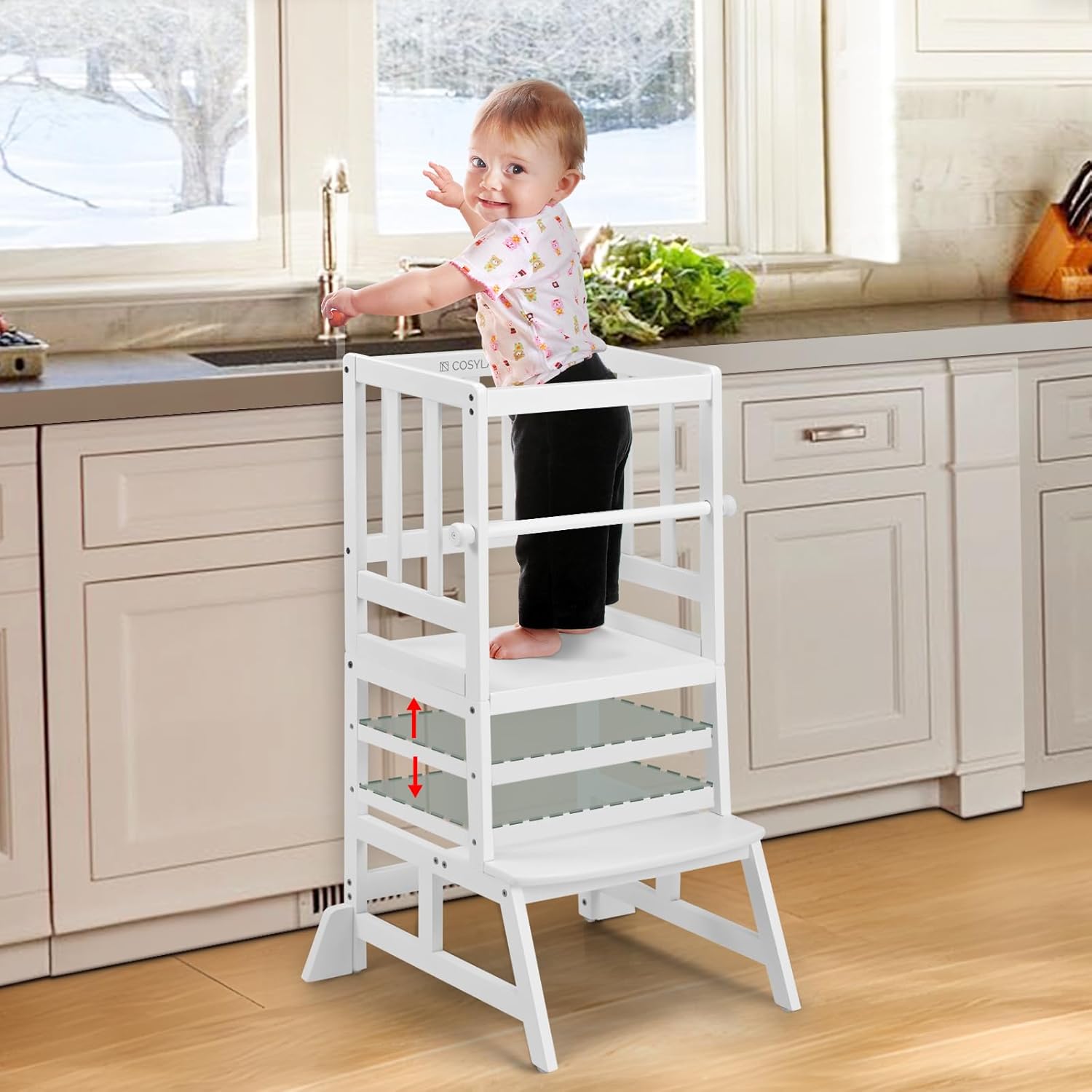 COSYLAND Toddler Standing Tower Adjustable Height - Toddler Kitchen Stool Helper - Kids Kitchen Step Stool for Learning with Removable Safety Railing White-0