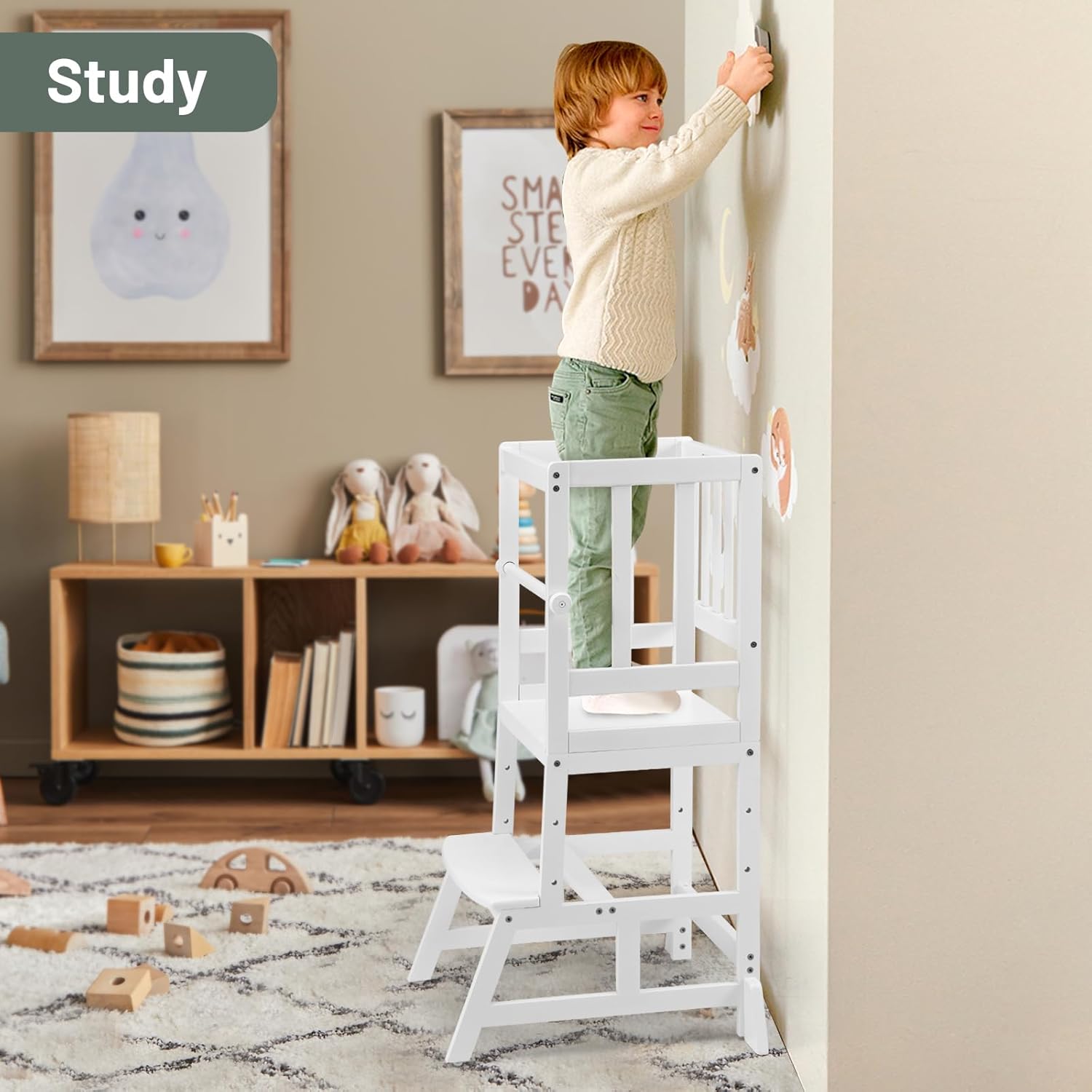 COSYLAND Toddler Standing Tower Adjustable Height - Toddler Kitchen Stool Helper - Kids Kitchen Step Stool for Learning with Removable Safety Railing White-7