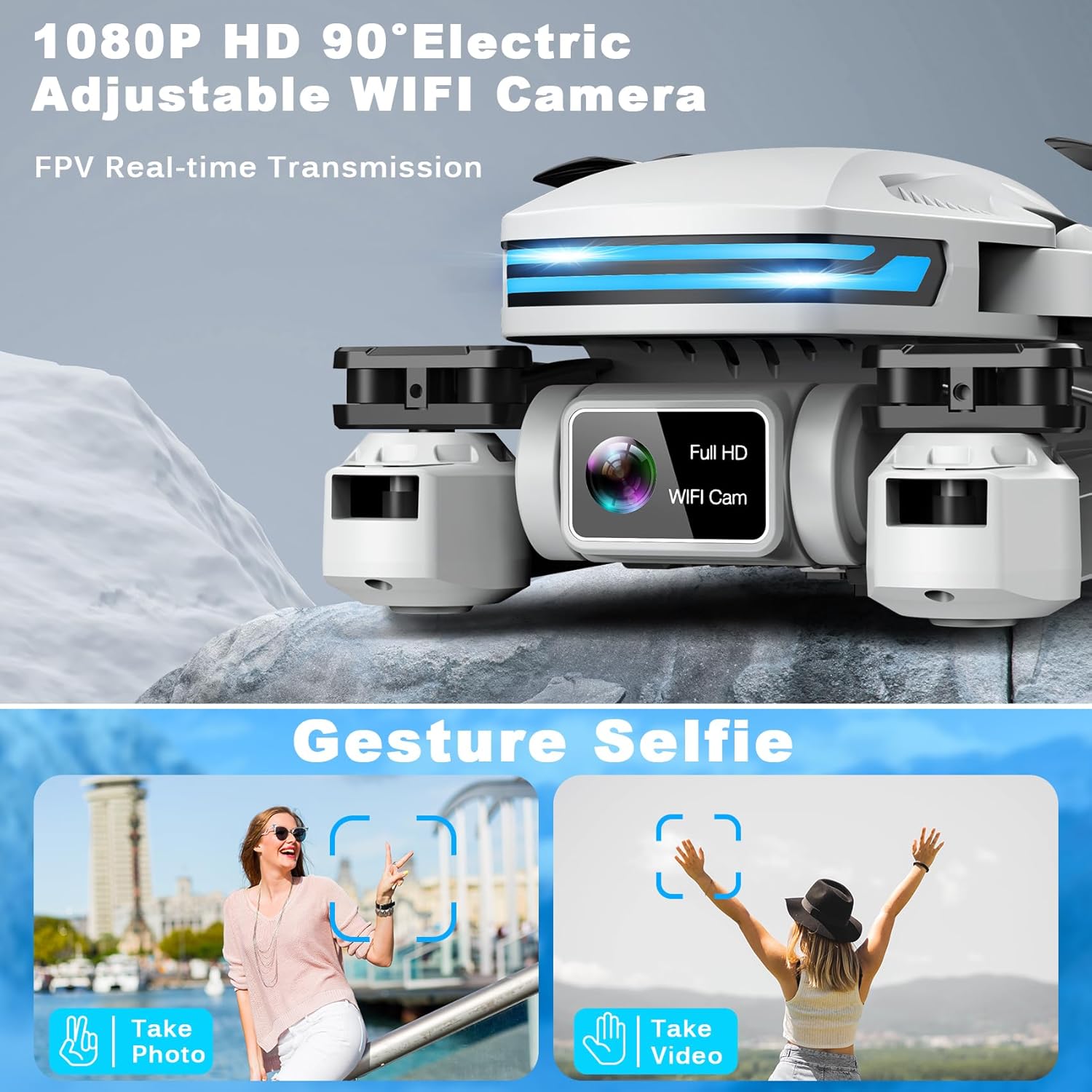 Drone with Camera for Adults, 1080P FPV Drones for kids Beginners with Upgrade Altitude Hold, Voice Control, Gestures Selfie, 90° Adjustable Lens, 3D Flips, 2 Batteries-1