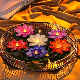 6 Pcs Diwali Lotus Decoration Floating Lotus with Lights Plastic Flower Diwali Artificial Lotus Traditional Indian Decor for Diwali Puja Home Outdoor Party Decoration(3.94 Inch)