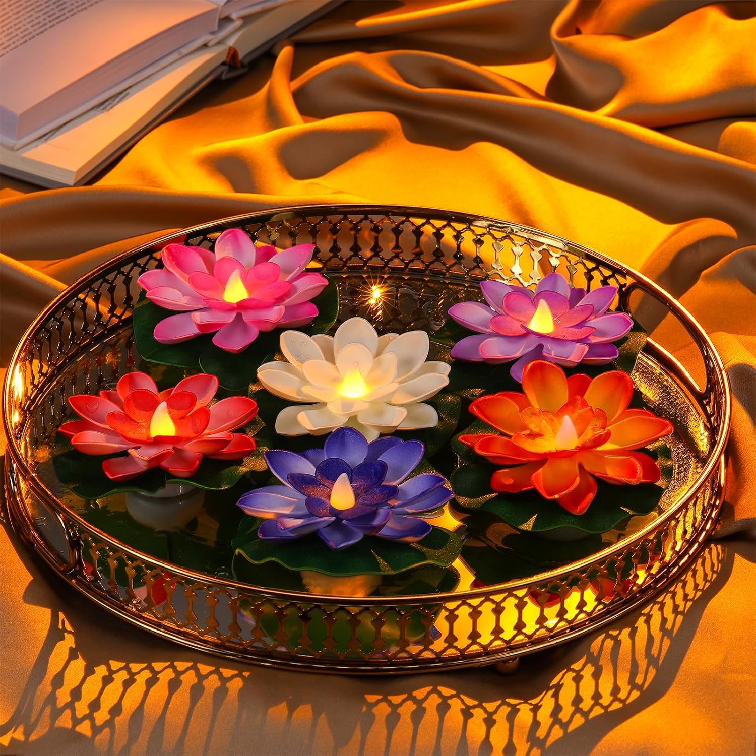 6 Pcs Diwali Lotus Decoration Floating Lotus with Lights Plastic Flower Diwali Artificial Lotus Traditional Indian Decor for Diwali Puja Home Outdoor Party Decoration(3.94 Inch)-0