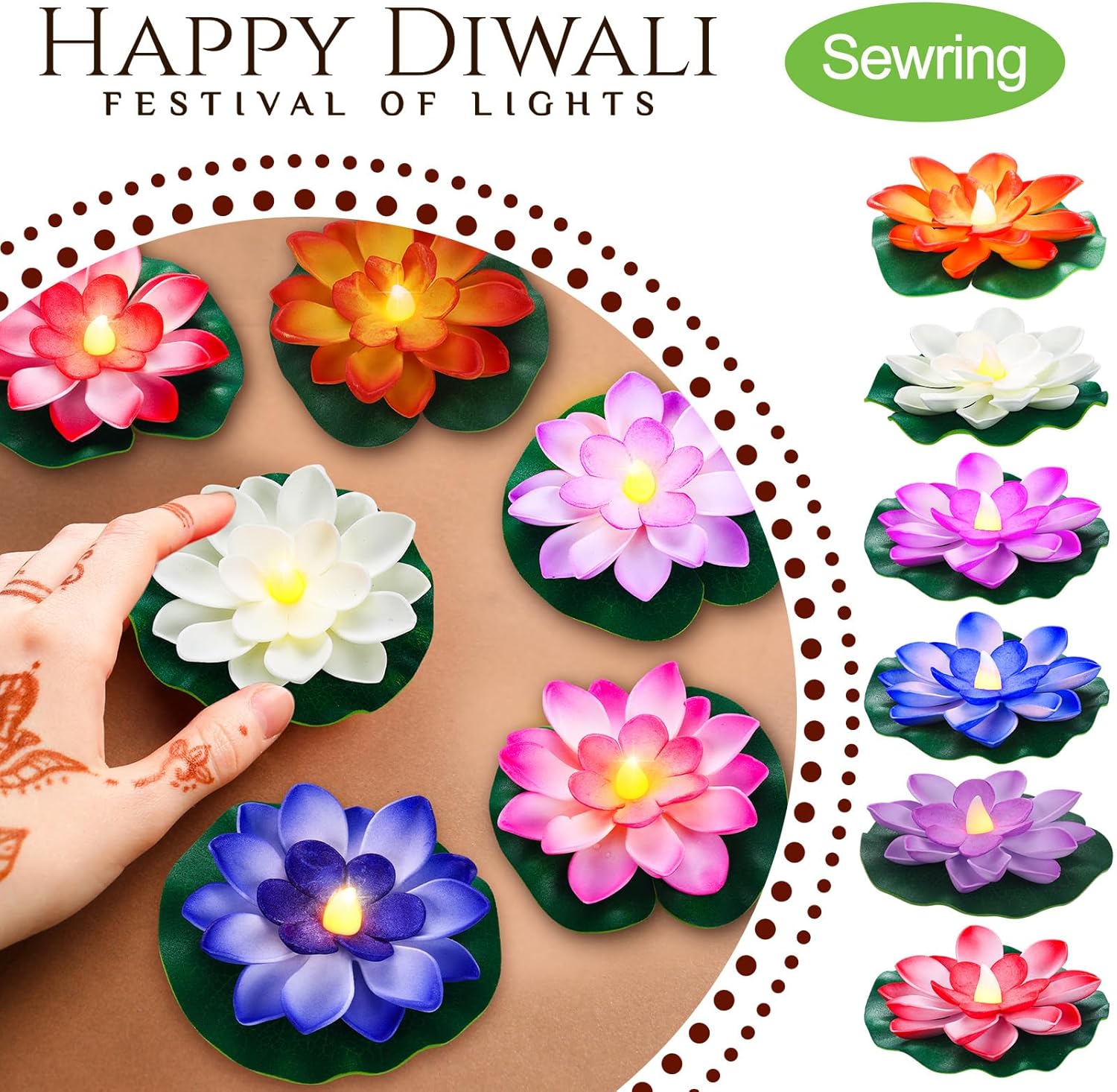 6 Pcs Diwali Lotus Decoration Floating Lotus with Lights Plastic Flower Diwali Artificial Lotus Traditional Indian Decor for Diwali Puja Home Outdoor Party Decoration(3.94 Inch)-3