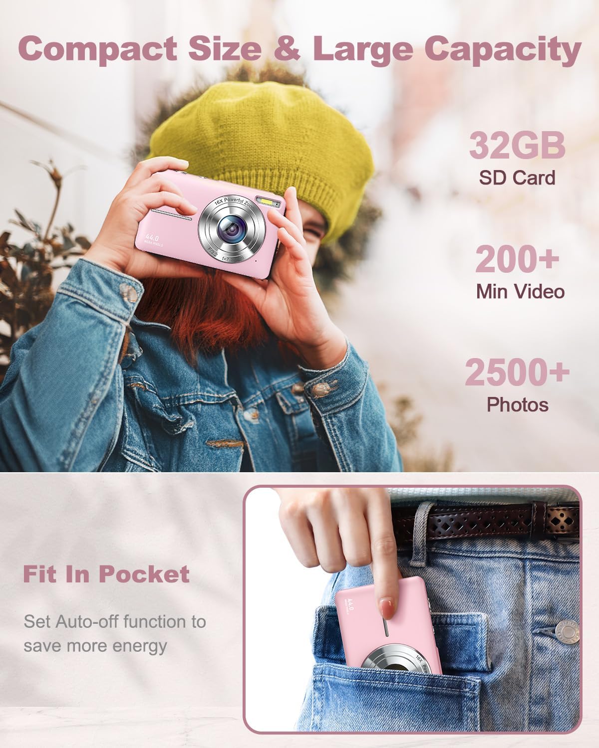 Digital Camera, FHD 1080P Kids Camera 44MP Point and Shoot Digital Cameras with 32GB Card, Lanyard, 16X Zoom Anti Shake, Vintage Portable Small Camera for Kids Boys Girls Teens Students, Pink-2