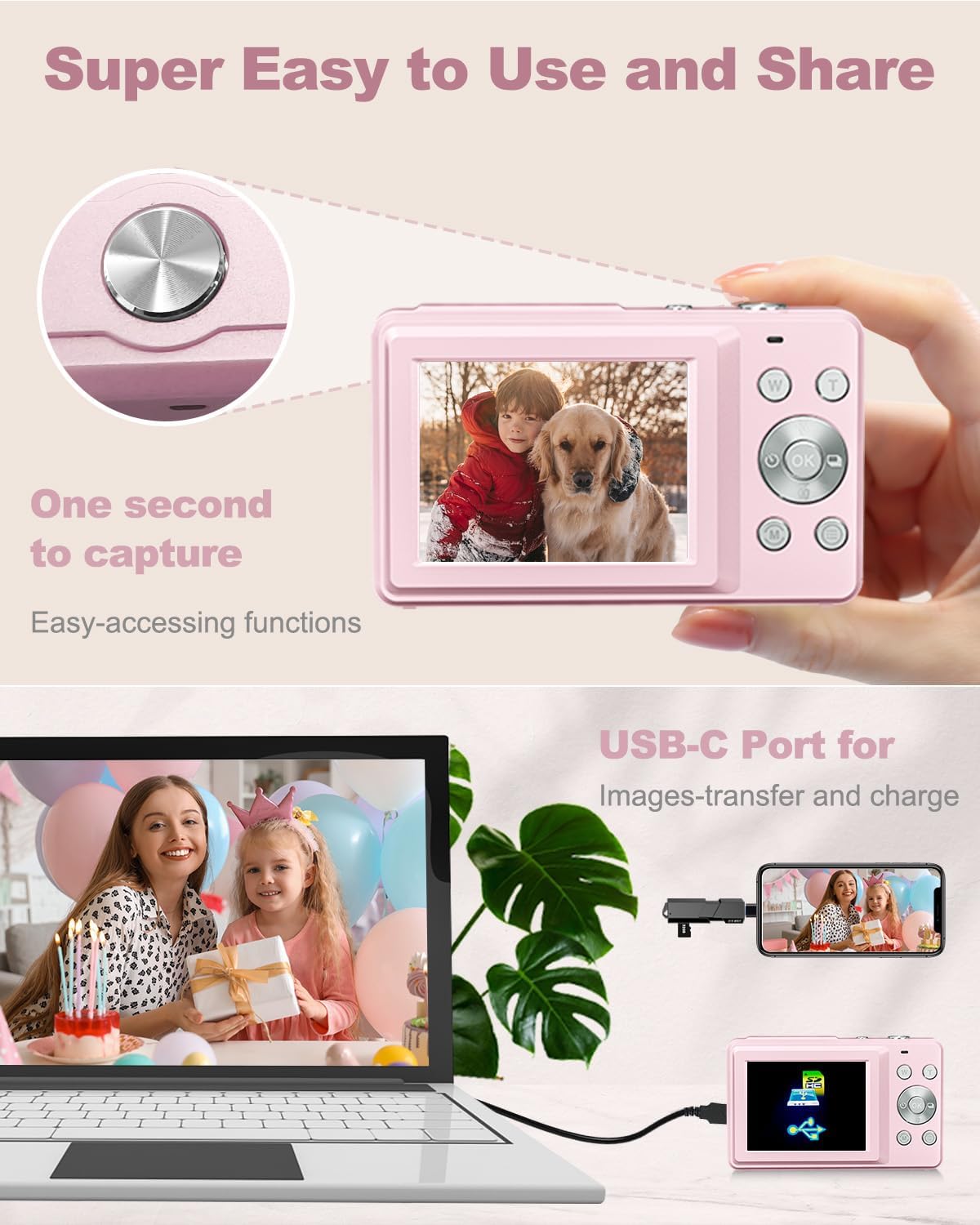 Digital Camera, FHD 1080P Kids Camera 44MP Point and Shoot Digital Cameras with 32GB Card, Lanyard, 16X Zoom Anti Shake, Vintage Portable Small Camera for Kids Boys Girls Teens Students, Pink-4