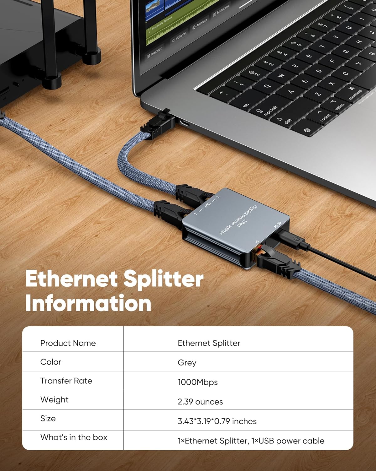 Snowkids Ethernet Splitter 1 to 2 High Speed 1000Mbps, Gigabit LAN Splitter with USB Power Cable, Network RJ45 Internet Adapter for Cat 5/6/7/8 Cable [2 Devices Simultaneous Networking]-3