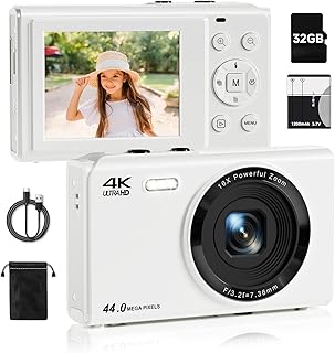 Upgrade Digital Camera, FHD 4K 44MP Autofocus Digital Point and Shoot YouTube Camera with 16X Zoom, 32GB SD Card, Compact Digital Camera Cheap for Teens Boys Girls Kids White