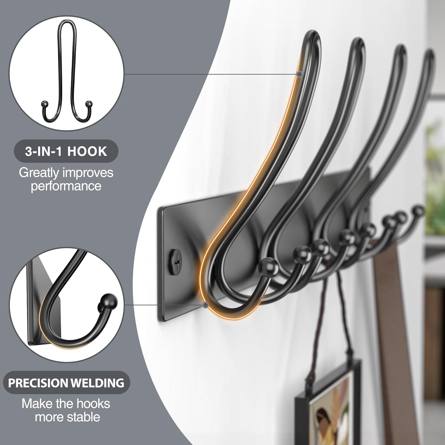 niffgaff Coat Rack Wall Mount - 4 Tri Coat Hooks Wall Mounted Hanging Coat, Jacket, Purse, Backpack, Clothes, Towel, Black Wall Hanger for Entryway, Bedroom, Bathroom, Living Room-2